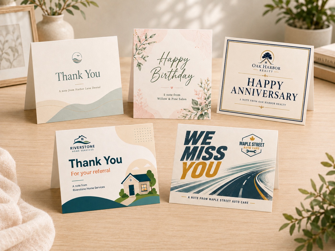 Five branded example customer cards with matching envelopes: thank-you, birthday, anniversary, referral, and win-back designs