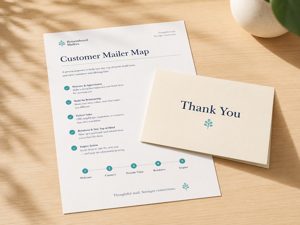 Branded Remembered Mailers Customer Mailer Map document beside a Thank You card