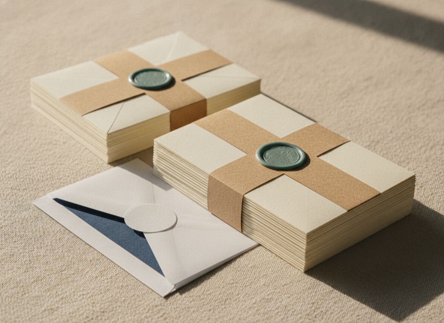 Bundled monthly card mailers wrapped in kraft bands